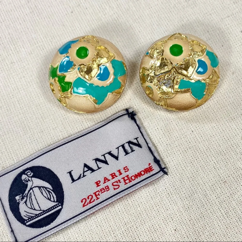 Lanvin Gold & Enameled Flower Clip-On Earrings